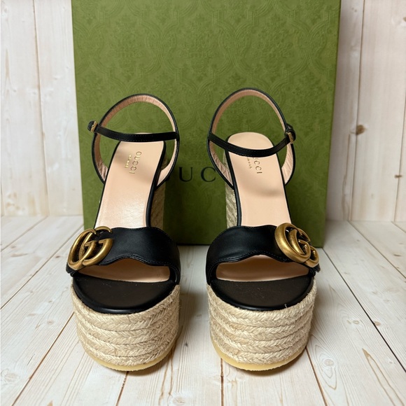 Gucci Nappa Matelasse GG Marmont Platform Espadrille Wedges Black Sz 35 / 5 - Picture 5 of 11